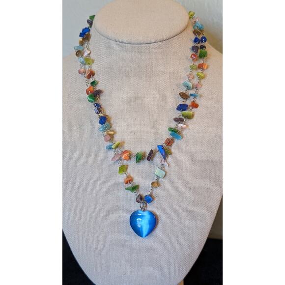 Blue Glass Heart Double Strand Glass Chip Beaded Necklace - Picture 7 of 7